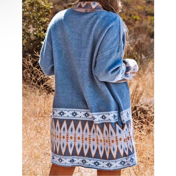 Geo Print Open Front Long Turtleneck Knitted Cardigan brown - Picture 10 of 11